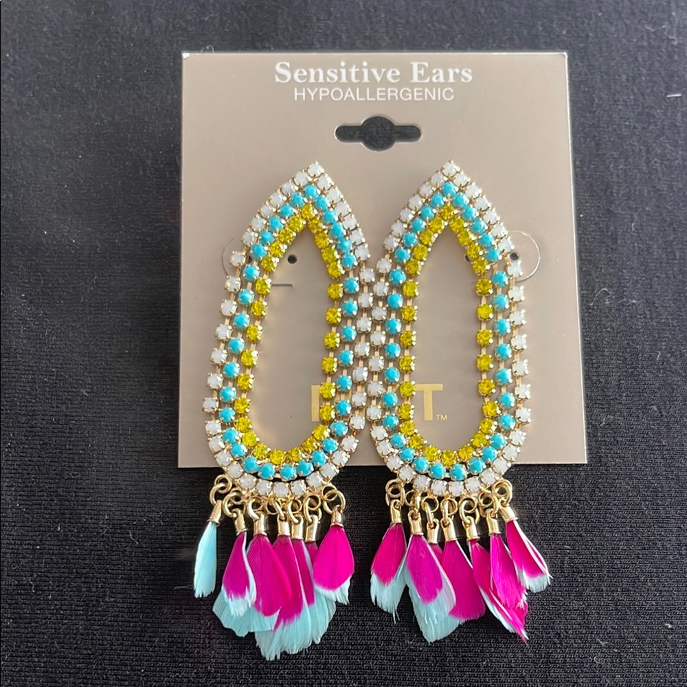 Mixet Multicolor Teardrop with Feathered Tassels Earrings